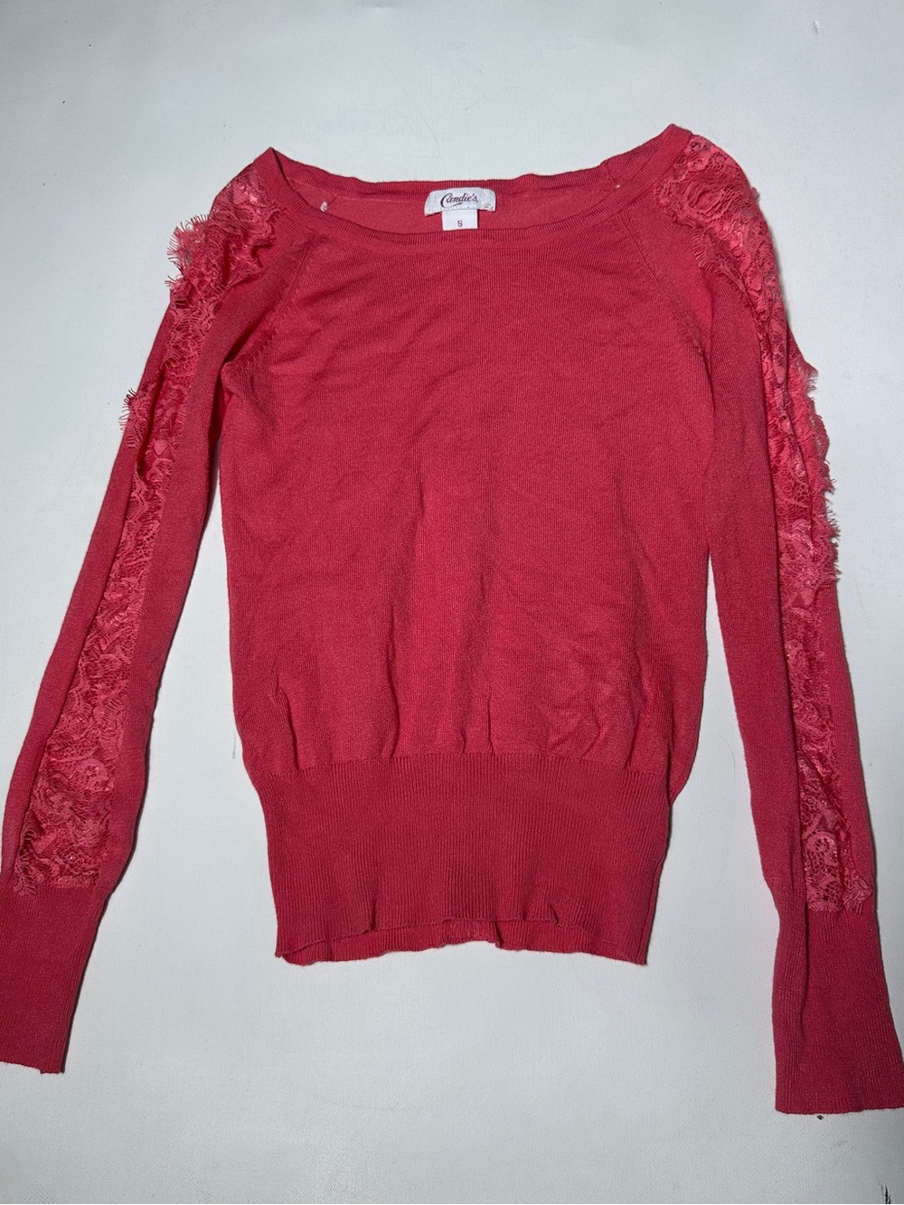 Candie's Coral Lace-Trim Long Sleeve Top button up back